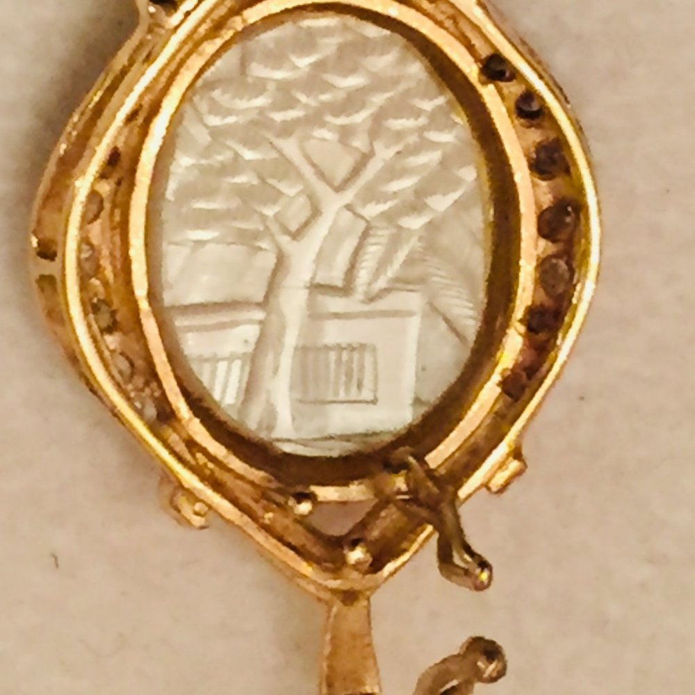 14k Diamond Mother of Pearl Pendant Necklace Enhancer Portrait Landscape MOP Vtg - Picture 3 of 14